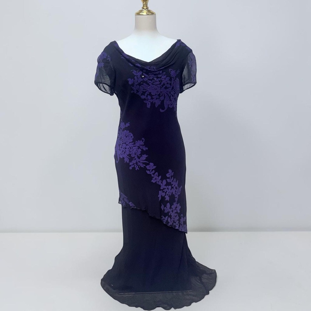 VTG Y2K Maxi Dress 8 Black Purple Beaded Floral Cowl Neck Whimsigoth Vampy Goth